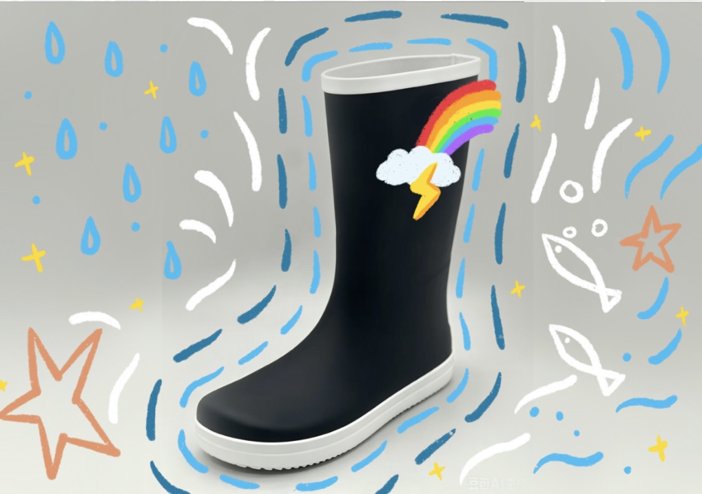 Single black tall rain boot with white outsole, hand drawn rainbow cloud star and fish cartoon elements background